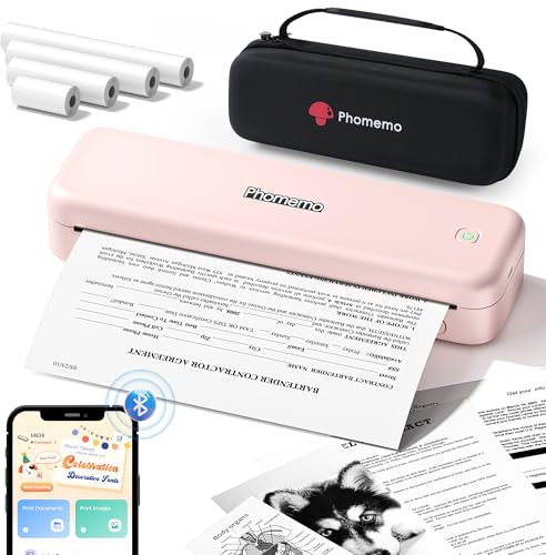 Phomemo M834 Imprimante Thermique A4, Imprimante Thermique sans Encre, Connexion Smartphone Via Bluetooth, Imprimante Thermique avec Mallette de Transport et 4 Rouleaux de Papier Thermique, Rose