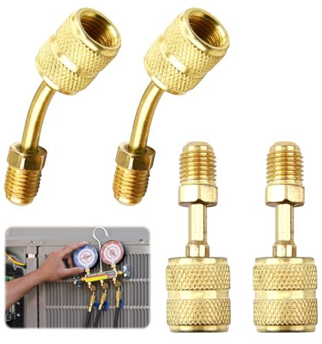R410A Adapter 5/16 SAE Weiblich auf 1/4 SAE Männlich für Mini Split Adapter Fitting HVAC System, Messing Mini Connector Adapter,Messing Quick Couplers, 2 gerade Adapter + 2 abgewinkelte Adapter
