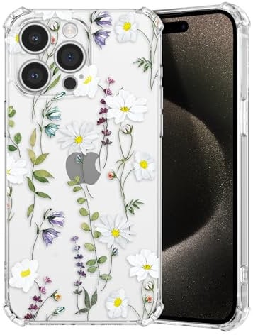 DEFBSC Case for iPhone 14 Pro Max, Cute Clear Floral Flower Pattern Design for Girls Women Slim Fit Shockproof Soft TPU Bumper Protective Cover- White