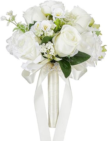 Mokylor Hochzeitsstrauß für Braut, Brautjungfer, 30 cm, künstliche Rosen, Blumenstrauß mit Bandgriff, lebensechter Seiden-weißer Rosenstrauß für Party, Zeremonie, Jahrestag