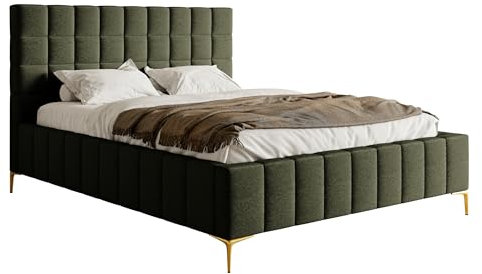 Selsey Bett Polsterbett Doppelbett 160 x 200 cm Mit Bettkasten Metallrahmen Goldene Beine Gasdruckfeder Schlafbett Chenille Olivengrün Szejlo