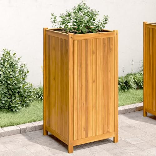 Homgoday Jardinière avec doublure en bois d'acacia massif 50 x 50 x 100 cm, pot de fleurs, plantes, support de jardin, patio, terrasse, balcon, décoration ornements