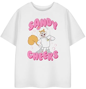 SPONGEBOB SQUAREPANTS Sandy Cheeks Girls White Short-Sleeved Graphic Tee | Cartoon Character Sandy Cheeks Design Merchandise | Children's Apparel Gift
