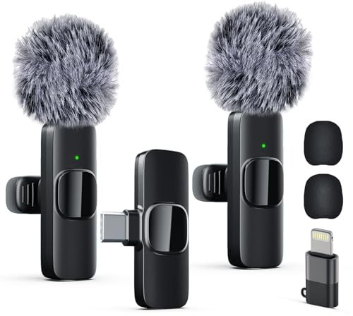 LIZHUZHONG Micrófono inalámbrico para iPhone, iPad, Android, micrófono Lavalier para grabación de video, paquete de 2 micrófonos para iPhone, grabación cristalina para micrófono de podcast, ASMR,