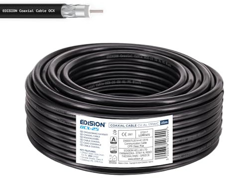 Edision OCX-25 Cable Coaxial 25m, Cable Antena TV Exterior/Interior PE Negro, Cobre CU/AL, 17PAtC, CPR Fca, Clase A, Cable Satélite, para DVB-S2, DVB-T/T2, DVB-C, RADIO, Bobina 25m