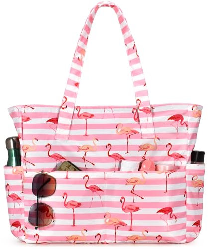oscaurt Beach Bags Large Tote Bag with Zip Waterproof Foldable Weekend Bag Lightweight Travel Gym Bag for Women Holiday Essentials Handbags with Multi Pockets
