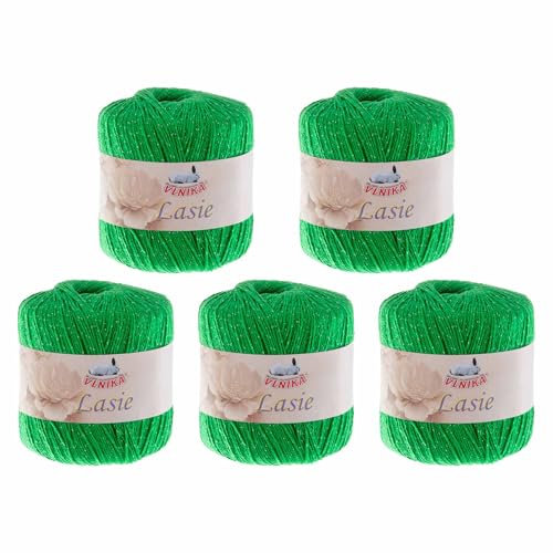 5 Knäuel Häkelgarn Lasie je 150m/50g mit Glitzer Sommergarn Strickgarn Glitzerwolle 15 Farben, Farbe:grün