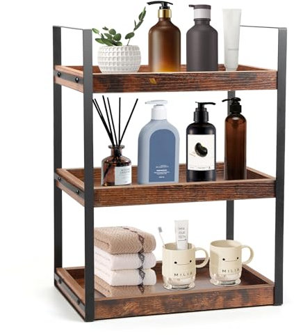 Dreistufiges Dunkelbraunes Badezimmer-Aufbewahrungsregal, Standregal Badezimmer Organizer, Feuchtigkeitsgeschützt Holzregal Badezimmer, Badezimmer Regal Holz mit Metallgestell, Gewürzregal für Küche