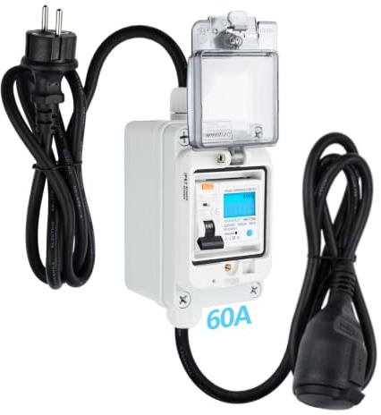 Mobiler Digitaler Stromzähler 230V 60A Mobile Meter mit 16A Typ A FI Schutzschalter LED digitales Messgerät, 3 * 1.5mm² Kabellänge 3m IP65 Wasserdicht für Hausgebrauch (HRDQ-06)