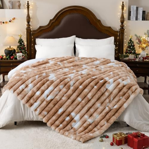 Vamcheer Couverture de Canapé Chaud - Plaid Canape Grande Taille, Couvre Lit Super Doux, Jete de Canape Léger,Fausse Fourrure de Lapin, Tie-Dye Marron