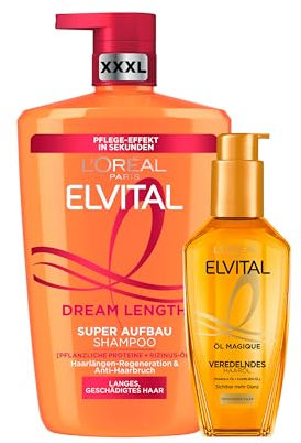 L'Oréal Paris Elvital XXXL Haarpflege-Routine: Öl Magique Haaröl & Dream Length XXXL Shampoo, Anti-Frizz & Feuchtigkeit, für traumhaft langes, gesundes Haar, mit Blüten- & Rizinus-Öl, 2-teilig
