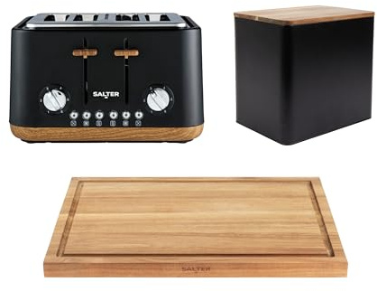 Salter Toronto 3-Piece Kitchen Set – 4-Slice Toaster with 6 Browning Levels, Large Bread Bin with Powder Coated Finish, 44 cm FSC®- Certified Acacia Wood Chopping Board, Charcuterie Board, Black