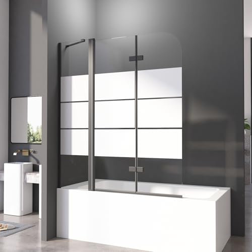 Duschwand für Badewanne 150x140 cm 2-teilig Faltbar Gestreift Badewannenfaltwand mit Stabilisator und Festteil 6mm ESG Glas Nano Beschichtung Duschtrennwand,Schwarz