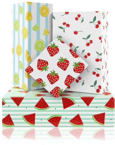 4 Designs 8 Blatt Obst-Geschenkpapier, Zitrone, Erdbeere, Kirsche, Wassermelonenmuster, lebendiges Geschenkpapier für Geburtstage, Sommerpartys, Babypartys