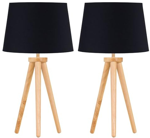 Set of 2 Modern Light Oak Table Lamp or Bedside Lights, Wood Tripod Design, Black Shades