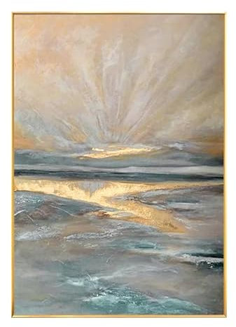 Toile murale peinte à la main, paysage abstrait, peinture à l'huile, grand format, moderne, sans cadre, coucher de soleil en bord de mer, feuille d'or, for salon, chambre, bureau, décoration d'intérie