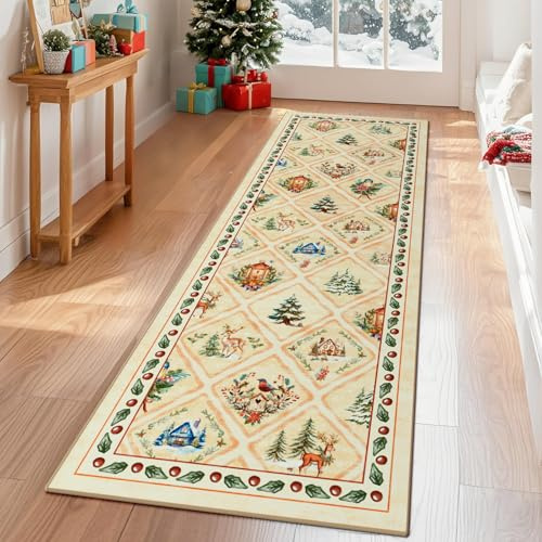 GEANUP Weihnachtsteppich Läufer für Flur 60 x 180 cm Waschbar Teppich Beige | Rutschfest Teppich Weihnachten, Elchhirsch Weihnachtsläufer für Schlafzimmer Wohnzimmer Badezimmer Weihnachtsdekoration