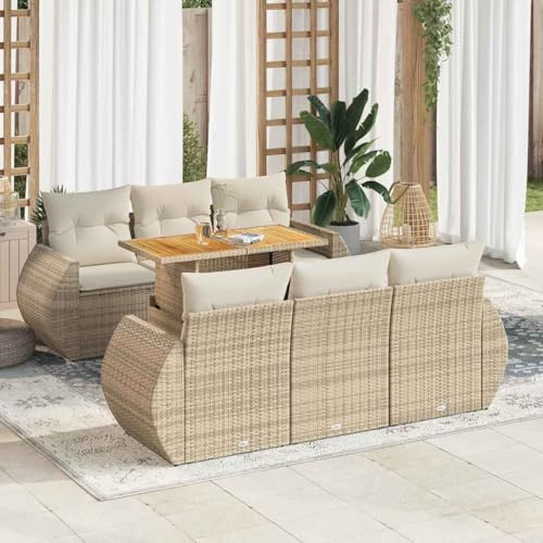 Qnhdfrt Garten Sofa Garnitur 7 teilig Beige PE Rattan Lounge Set mit Stauraum und Kissen, für Terrasse Garten Balkon