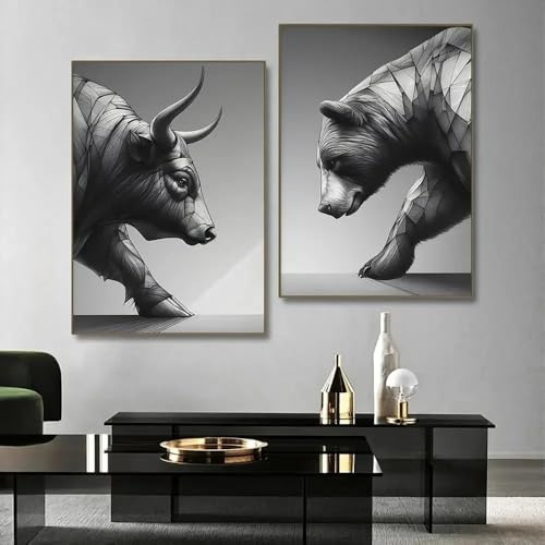 ZHUOYA Motivierende Börse, Krypto-Handel, Bulle und Bär, Skulptur, Leinwandbild, Poster, Wandkunst für Zuhause, Büro, Dekoration (40 x 60 x 2 cm/Rahmen)