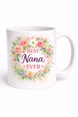 Brew Crew Gifts Best Nana Ever Floral Wreath Mug, 11oz Ceramic Coffee Mug, Microwave and Dishwasher Safe, Gift for Grandmother