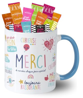 MONBANA - Mug Merci et 20 Croustilles et Biscuits | Cadeau pour Remercier les Maîtresses, Atsem & Nounous, Collègues, Soignantes