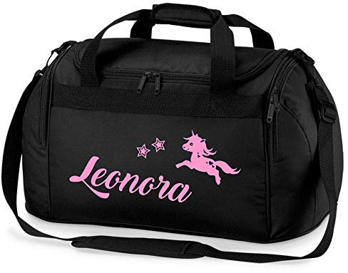 minimutz Sporttasche mit Namen | inkl. NAMENSDRUCK | Motiv springendes Einhorn & Sterne | Personalisieren & Bedrucken | Reisetasche Mädchen zum Umhängen in schwarz & pink