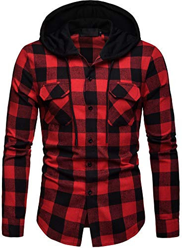 Iris Sprite Sweat à Capuche Homme Chemise Carreaux avec Poche Poitrine Épissage Manches Longues (Rouge - A115, XL)