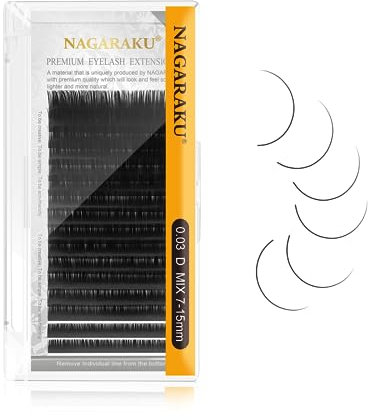 NAGARAKU Extensiones de Pestañas Individuales Clásico 1:1 Pestañas Pelo a Pelo Volumen Lashes Natural Blando Suave Wispy Singel Eyelash Extension Pestañas Postizas Negro 16 Filas(0.03mm D 7-15mm)