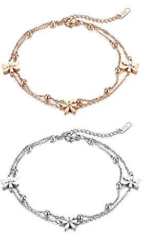 JewelryWe Schmuck 2pcs Damen Armband Fußkettchen Edelstahl Blume Kugel Charmsarmband Armkette Fußkette verstellbar Rosegold Silber