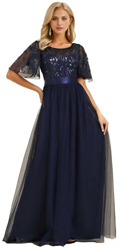 Ever-Pretty Damen Abendkleid A-Linie Spitze Kurze Ärmel Partykleid lang Navy blau 48