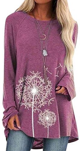 Dresswel Damen Tunika Top Langarm Oberteile Löwenzahn Lang Pullover Langarmshirt Lose Bluse T Shirt (Pink, XXL)