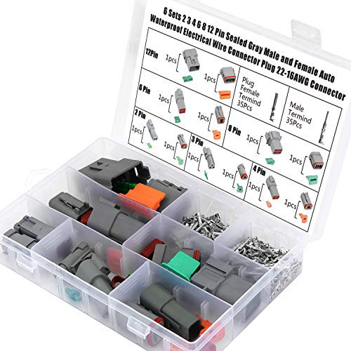 HSEAMALL - Kit connettori DT, 6 set, 2, 3, 4, 6, 8, 12 poli, sigillati, colore: grigio, maschio e femmina, impermeabili, connettori per cavi elettrici, 0,64-1,2 mm
