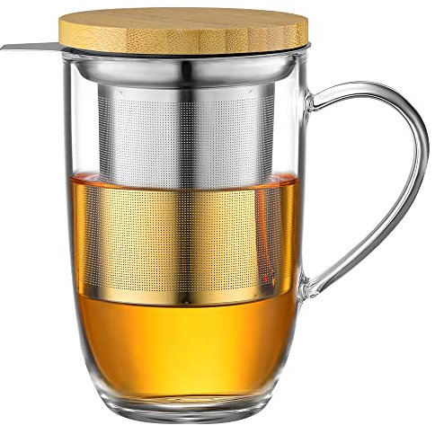 ecooe 440 ml Glas Teetasse Borosilikat Teebecher Teeglas mit Ultrafein 18/8 Edelstahlsieb Natürlicher Bambus Deckle Verdickter für Kaffee Saft Kohlensäurehaltige Getränke Milch Joghurt