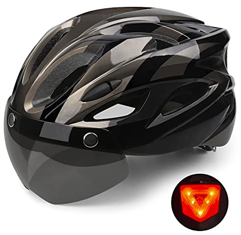 Shinmax Casco Bici con Luce di LED,Certificato CE, Casco con Visiera Magnetica Staccabile Shield Casco da Bici Leggero Regolabile Casco da Bicicletta Unisex Adulto Skateboarding Sci Snowboard 56-62cm