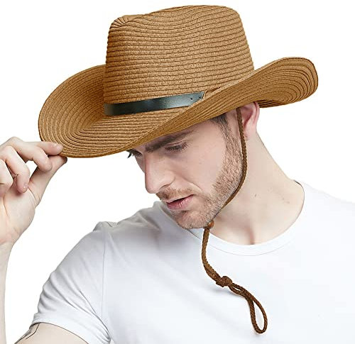 IBLUELOVER Men Straw Sun Hat Wide Brim Panama Hat Western Cowboy Hat Vintage Jazz Cap Floppy Trilby Hat UV Protection Beach Cap with Adjustable Leather Band and Chin Strap Khaki