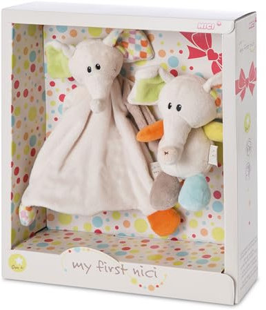 NICI Geschenkset für Babys & Kleinkinder – Schmusetuch & Schmusetier Elefant Dundi 18cm in toller Geschenkbox (25x25 cm) – Baby Geschenke ab 0+ Monaten – Kuscheltier und Kuscheltuch, Beige, 47768