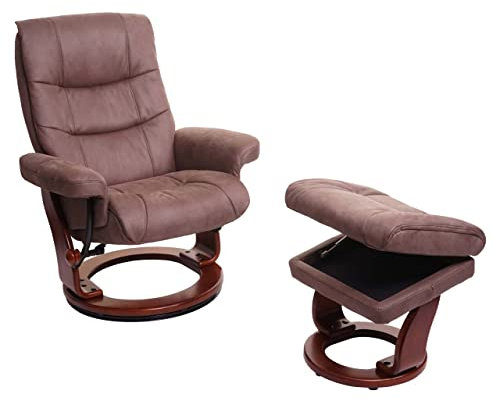 MCA Relaxsessel HWC-J42, Fernsehsessel TV-Sessel Hocker, Stoff - Taupe-braun Wildleder-Imitat, Gestell Walnuss-Optik