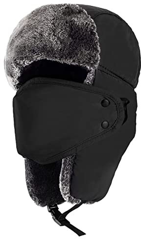 Herren Winter Trappermütze, Wintermütze mit Ohrenklappen, Unisex Russen Warme Schneedichte Fliegermütze Kunstfellmütze mit Winddichte Abnehmbarer Gesichtsmaske für Skifahren, Schlittschuhlaufen