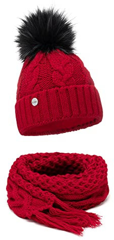 ELIMELI® Winter Mütze Schal Set Damenmütze mit Fell-Bommel Fleece Innenfutter - 2-teilig Damen Winterset - Wintermütze und passender Schal Damenschal- Strickmütze gefüttert (Rot - Mütze mit Schal)