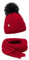 ELIMELI® Winter Mütze Schal Set Damenmütze mit Fell-Bommel Fleece Innenfutter - 2-teilig Damen Winterset - Wintermütze und passender Schal Damenschal- Strickmütze gefüttert (Rot - Mütze mit Schal)