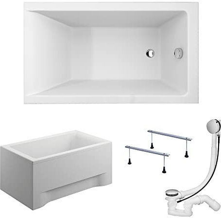 KOLMAN Badewanne CAPRI Rechteck 100x70 mit AcrylSchürze, Ablaufgarnitur und Füßen Komplettset 4in1 Premium Original Acryl Wanne Siphon