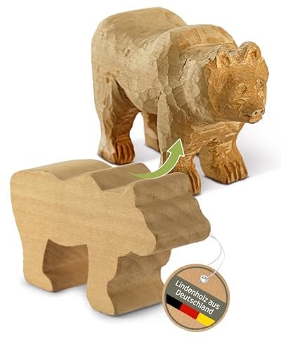 HOLZHELD Schnitzholz Rohling 1 großer Bär 11,5x7x3,5cm-Lindenholz-Holzblock gefräst inkl. Anleitung (E-Book) DIY Schnitzen für Kinder und Erwachsene
