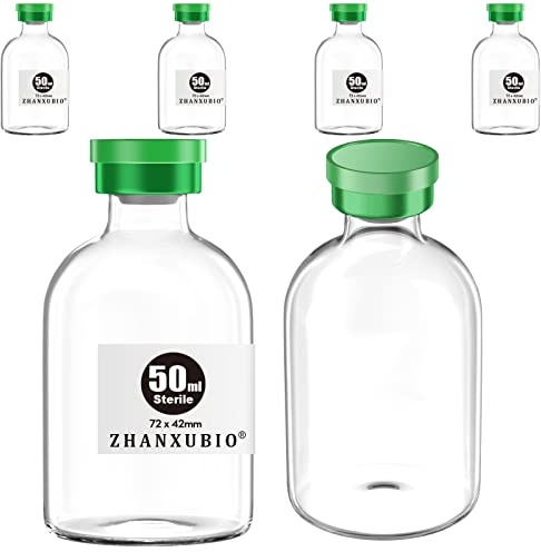 ZHANXUBIO Sterile Empty Vials with Self Healing Injection Port and Aluminum Plastic Cap,Sterile Package (50ml Clear 6PCS)