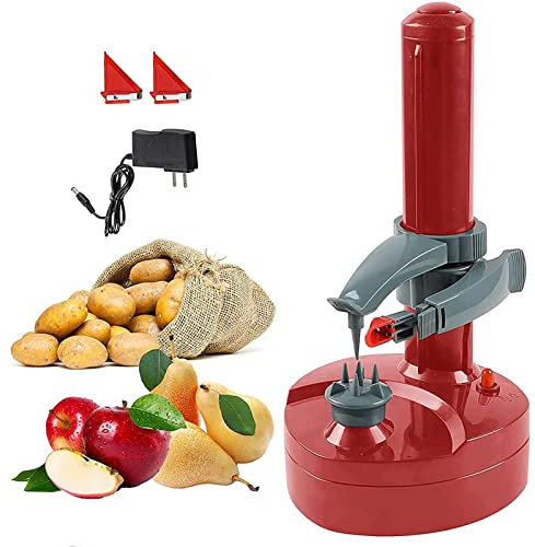 Pelapatate Elettrico, Peeler per Patate Elettriche Utensile da Cucina Pelapatate di Mela Pelapatate Verdure Automatiche Rotante per patate mele rotonde, dotato di 2 lame Extra(rosso)