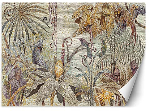 Feeby Fototapete Papagei Dschungel Mosaik 350x245 cm Gelb XXL Vlies Wandtapete Tapeten Wohnzimmer Schlafzimmer Jugendzimmer Moderne Design Wandbild Wand Dekoration Palmen Blätter Exotisch