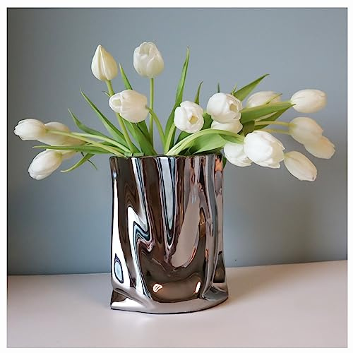 Kaitnax 22cm Silver Flower Vases Crinkle Paper Bag Shape Ceramic Vase Art Decorative Flower Vases for Wedding, Dinning, Bookshelf, Home Decoration or Gift