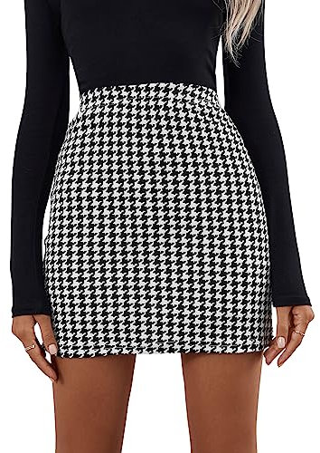 GORGLITTER Damen Mini Rock Hohe Taille Bleistiftrock Kurz Vintage Karierter Freizeitrock Figurbotent Businessrock Partyrock Herbst Outfit Schwarz und Weiß S