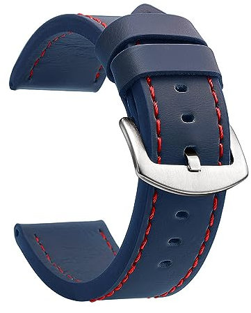 EcLusE Vintage-Uhrenarmband aus Leder mit Edelstahlschnalle, Schnellverschluss-Ersatzarmband für Damen und Herren, Blau Rot Silber, 18 mm