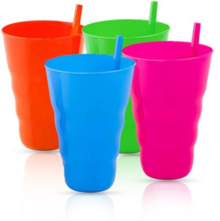 QBL® Lot de 4 verres en plastique avec pailles - Idéal pour les boissons des enfants - Assortiment de 4