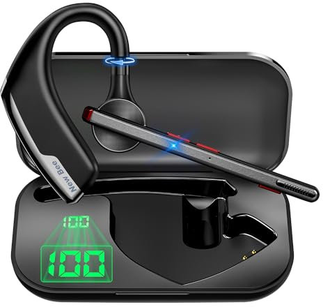 New bee Bluetooth Earpiece, Handsfree Bluetooth Headset V5.2 with Dual ENC Mic Mute, Hands Free Ear Piece 24 Hrs Talk 180 Days Standby for Driving/Business/Office with Android iOS Laptop